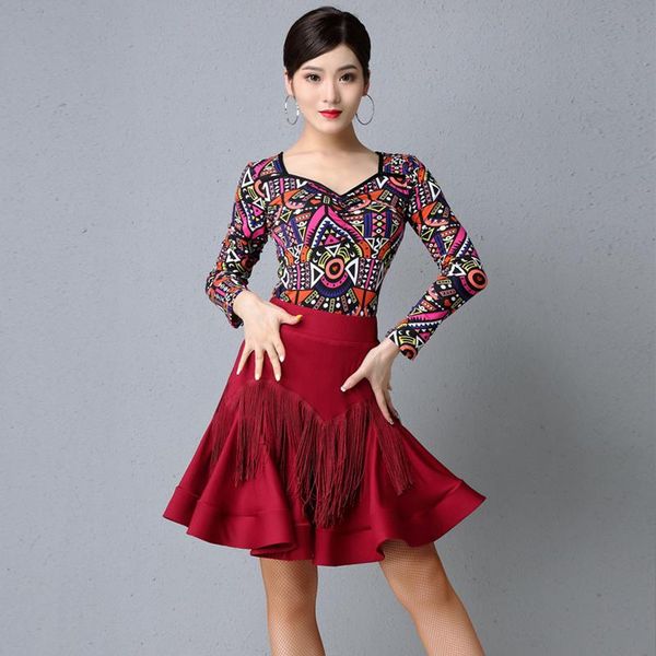 

2020 new latin dance dress women long sleeve printing fringe tassel skirt ladies rumba dancewear tango dress samba outfit, Black;red