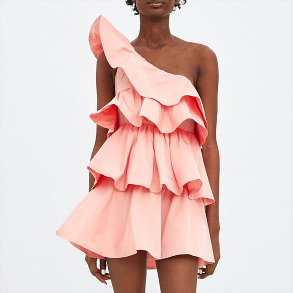 

one shoulder mini dresses womens ruffles decoration body summer dress women sleeveless bohemian short dresses female eg16, Black;gray