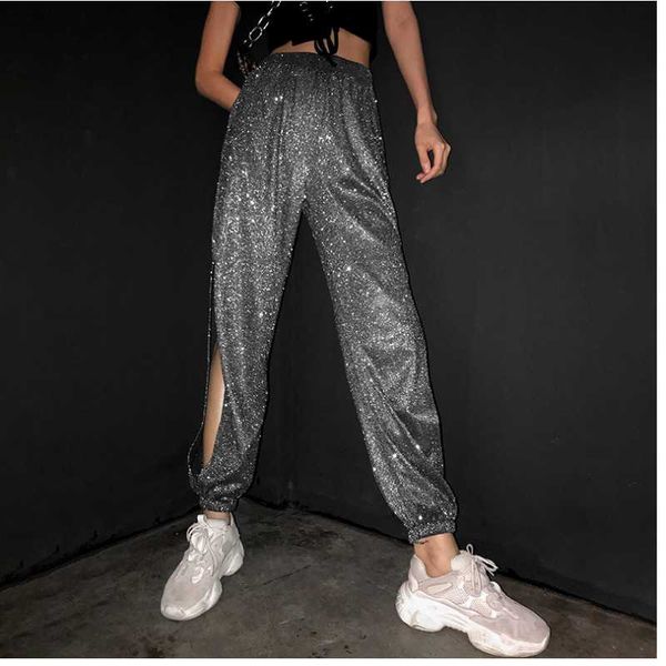 

women's hip hop dance open fork glittering legged harlan casual pants outdoor running fitness breathable elastic pants, Black;blue