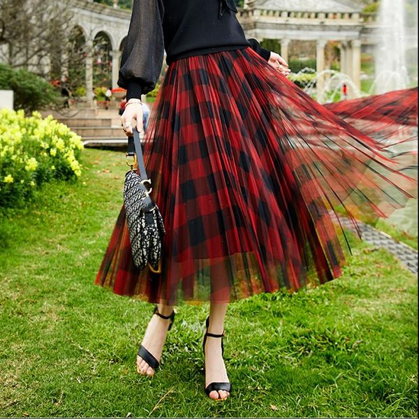 

runway skirt women 2020 spring summer vintage plaid mesh long skirt elastic high waist red beach maxi skirts, Black