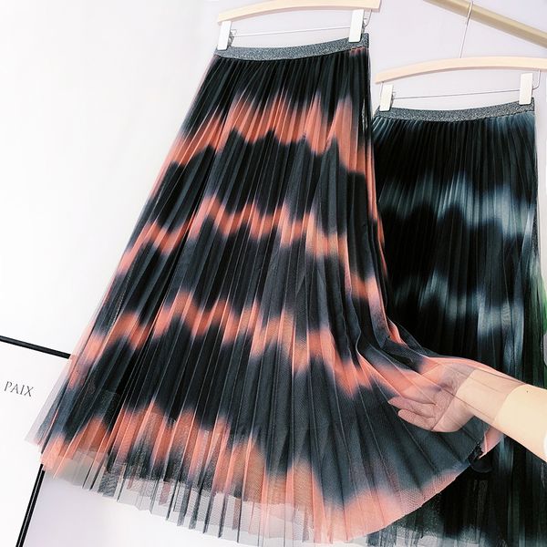 

new 2021 women summer boho a-line mesh stretch high waist long pleated skirt femme elegant jupe saia zrld, Black