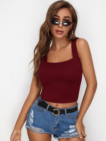 

solid rib-knit crop tank d19a#, White