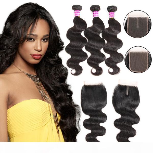 

brazilian virgin hair 10a bundles with closures body wave human hair weaves with lace closures natural color silk hair extensions wholesale, Black