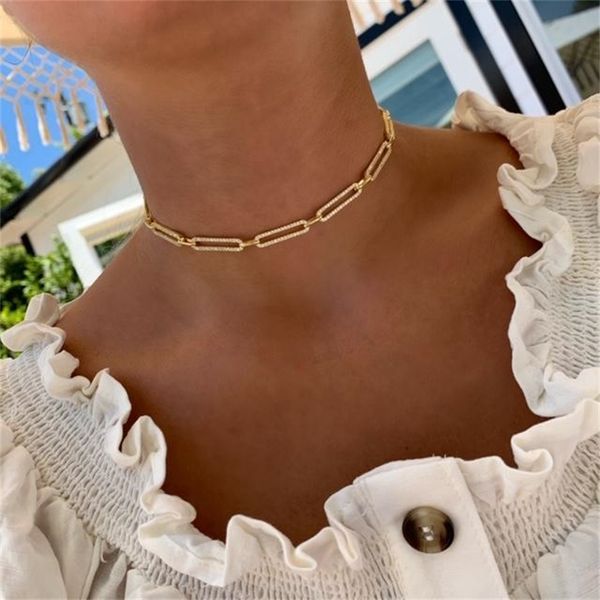 

unique women jewelry gold filled micro pave cz safety pin link chain choker necklace 32+10cm for layer short neckalce y200730, Silver