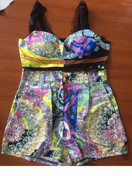 

deat 2020 spring summer yellow lace print floral strapless tank elastic shorts two piece set women outfits mf424 v200325, White