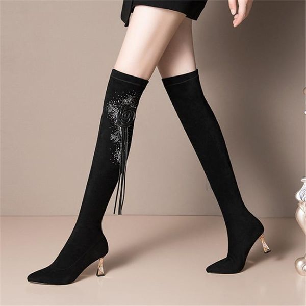 

boots pxelena plus size 34-43 women stretch thigh high kid suede flower tassel crystal over the knee autumn winter shoes, Black