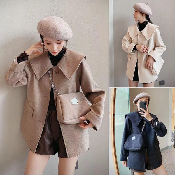 

women's wool & blends female woolen cloth in the fall and winter of 2021 jacket navy brought little brief paragraph coat with bags, Black