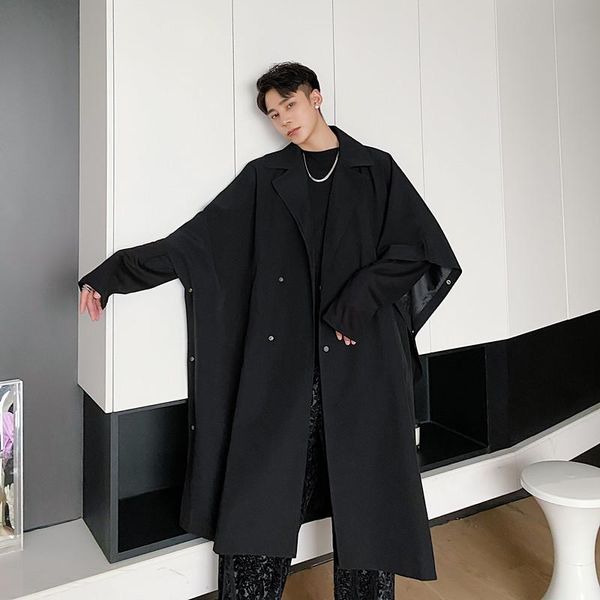 

men streetwear gothic punk loose long trench coat overcoat male women vintage windbreaker cape cloak windcoat jacket outerwear, Tan;black