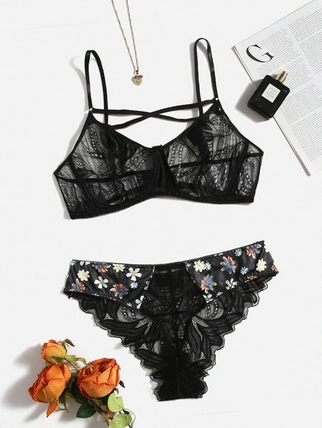 

plus floral lace underwire lingerie set b0zt#, Black;white