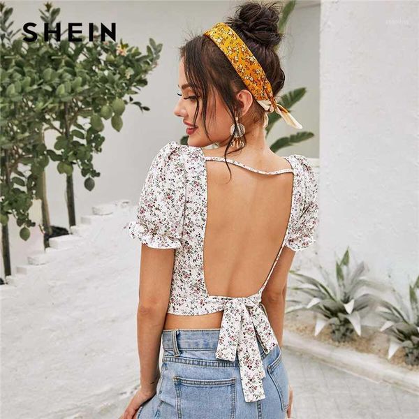 

shein multicolor backless knotted ditsy floral print crop women 2020 summer puff sleeve womens blouses and 1, White