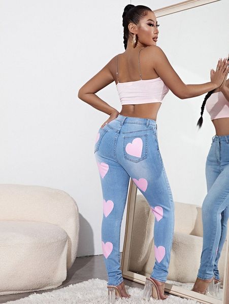 

sxy high waist heart print skinny jeans 33ob#, Blue
