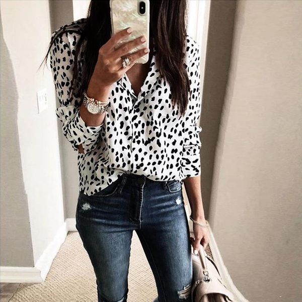 

womens v neck blouse 2021 female leopard long sleeve loose shirt fashion ladies spring autumn blouse, White