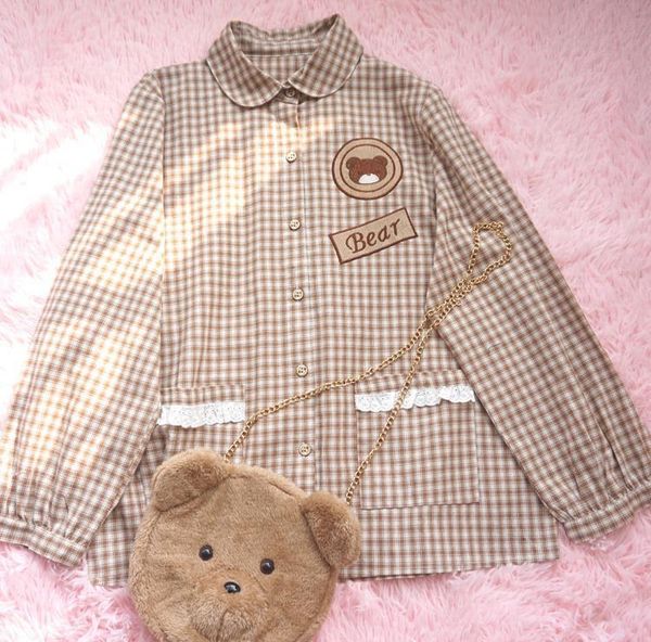 

japanese autumn new women's long sleeve shirt cute bear casual plaid kawaii mori girl student loose shirt preppy style, White