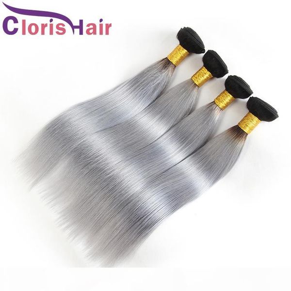 

dark roots silver grey brazilian straight hair bundles colored two tone 1b gray human hair weaves brazillian virgin ombre hair extensions, Black