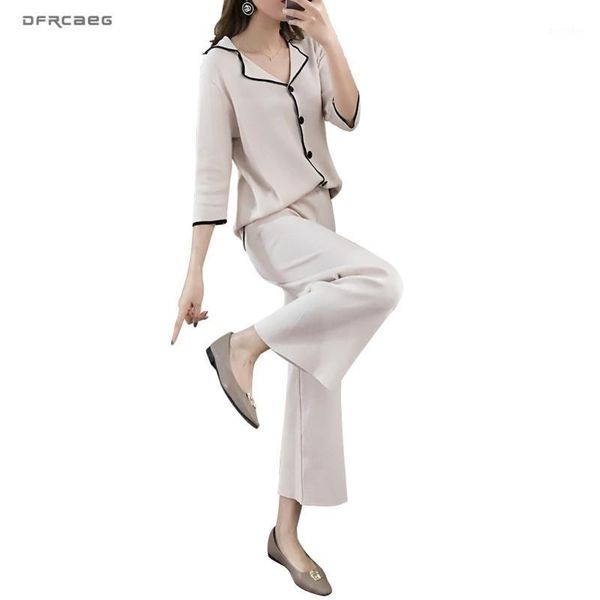 

women's two piece pants patchwork knitted 2 wide leg sets women 2021 summer loose short sleeve streetwear knit + outfits1, White