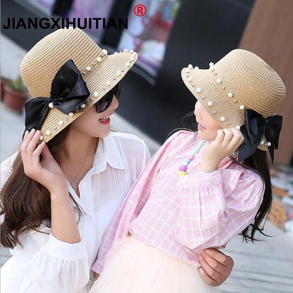

jiangxihuitian 2018 new spring and summer woman and child leisure pearl beach sun hat parent-child sunscreen sun hat bbypns alice_bag, Black;white