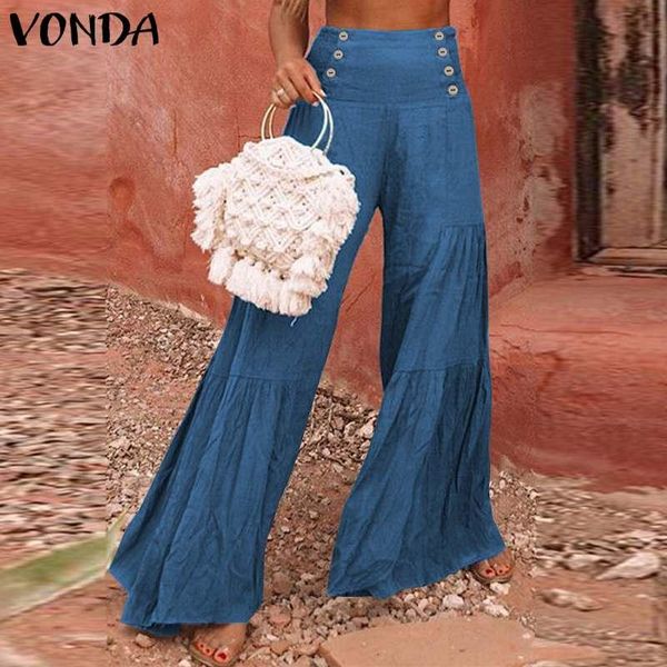 

trousers for women puff pleated button long pants 2021 vonda lady wide leg pants female zippe palazzo plus size, Black;white