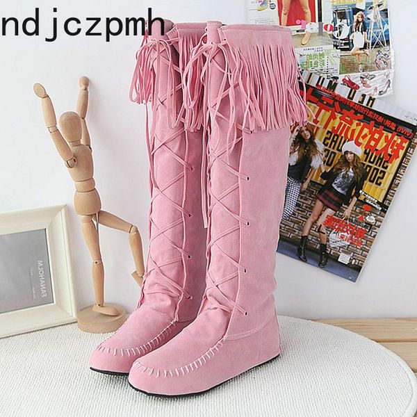 

boots long the fashion autumn and winter round head tassel lace up comfortable non-slip flat knee high plus size 34-43, Black