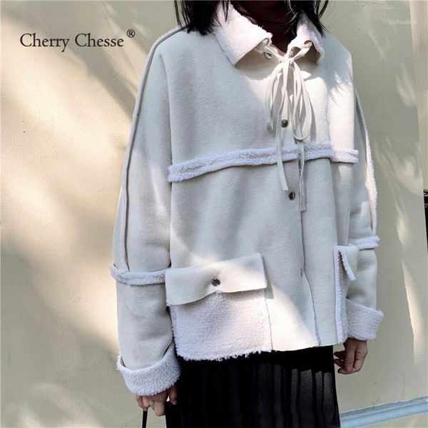 

women's jackets cherry chesse harajuku women lambswool jacket pocket turn down collar button coat female winter streetwear1, Black;brown