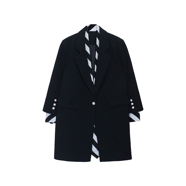 

[eam] women black striped printed stitch long blazer new lapel long sleeve loose fit jacket fashion spring autumn 1w479 201201, White;black