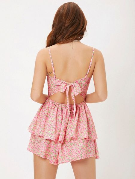 

ditsy floral tie backless layered hem cami romper 090v#, White