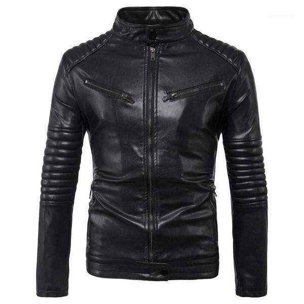 

men's fur & faux men pu leather coats man jacket jackets stand collar long sleeve zipper pockets motorcycle cool punk male coat outwear, Black