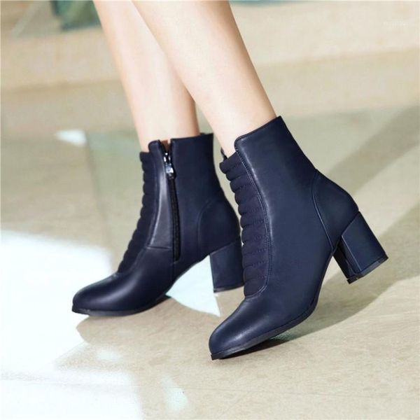 

big size 11 12 13 14 15 16 17 18 ladies round head thick high heel casual warm ankle boots side zipper1, Black
