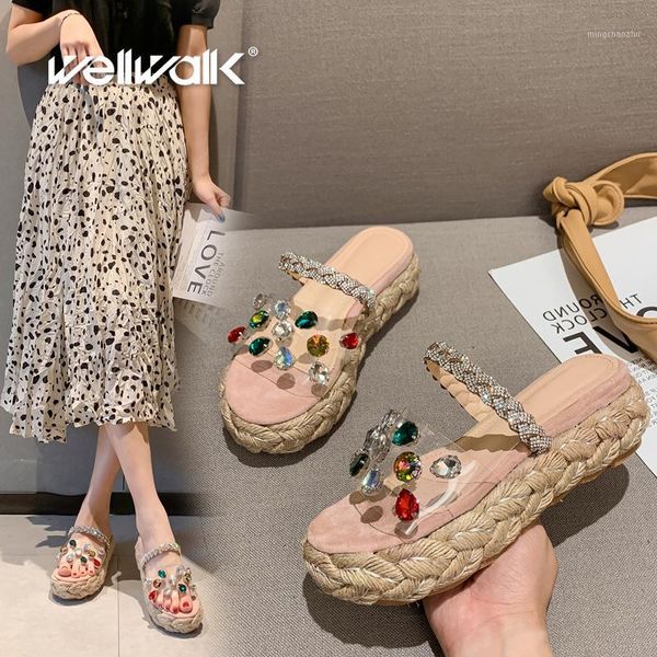 

slippers fashion shoes women wedge rhinestone strap colorful crystal slides shoe woman flip flops1, Black