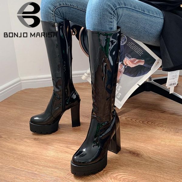 

boots bonjomarisa female stylish round toe platform block heel mid calf party dress chunk women autumn shoes woman, Black