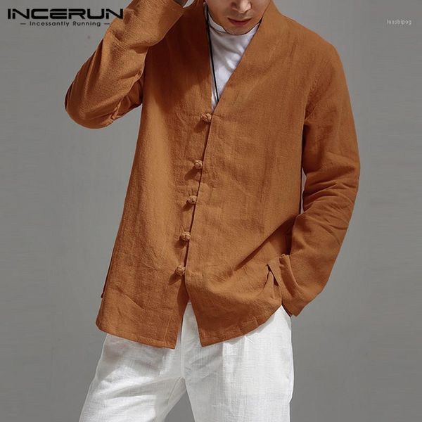 

incerun men solid long sleeve casual shirt vintage chinese style buckle streetwear cotton linen mens blouse camisa masculina1, White;black