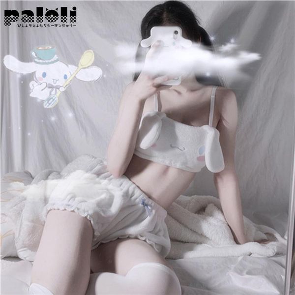 

bras sets kawaii pink and white velvet tube panties set tank long ear doggy bra bloomers for girl adorable underwear, Red;black