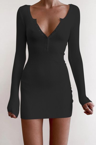 

fashion club deep v-neck solid color spring autumn women mini dress temperament slim knit long sleeve bodycon woman dresses y0118, Black;gray