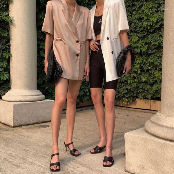 

spring and summer women's jacket casual solid color short sleeve pocket decorative jacket1, White;black