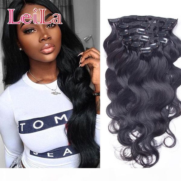 

full head clip in human hair extensions natural black hair clip in 100-140 g peruvian body wave hair clip in extensions, Black;brown