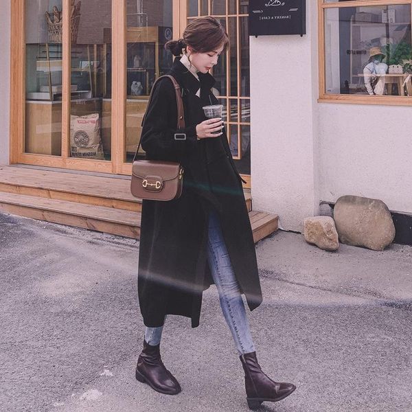 

women's wool & blends real s black tweed coat middle long autumn and winter 2021 temperament hepburn style thin thick