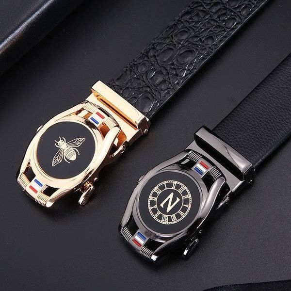 

1tcag men's trouser korean fashion casual youth button belt leather crocodile plain litchi pattern alloy automatic button yeoc4, Black;brown