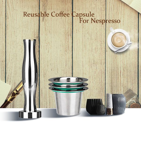 

7pcs/set stainless steel reusable capsule coffee tamper refillable cup filter nespresso machines maker pod 1021