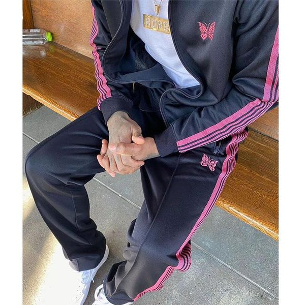 

trousers stripe embroidery awge needles men women butterfly sweatpants needles jogger sweatpants casual awge colorful xachb, Black