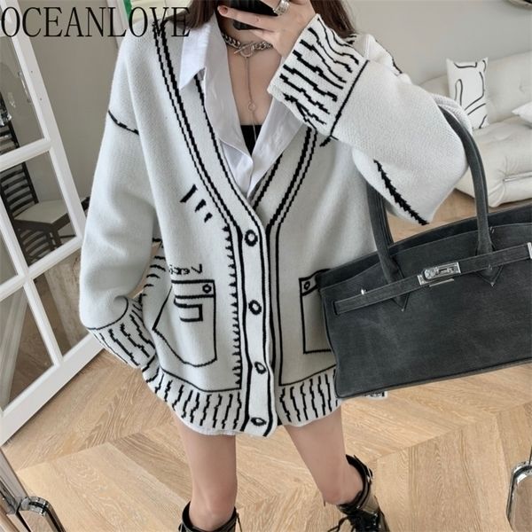 

oceanlove cardigans women sweaters print v neck loose vintage loose autumn winter mujer chaqueta korean clothes 18953 201123, White;black