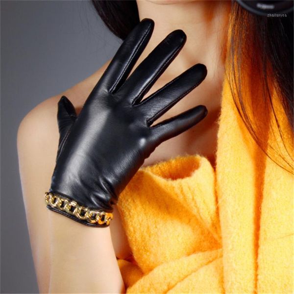 Fünf-Finger-Handschuhe, Touchscreen, reines Schaffell, Schwarz, Super-Flash-Goldkette, kurzes Futter, warme Damen TB61-21