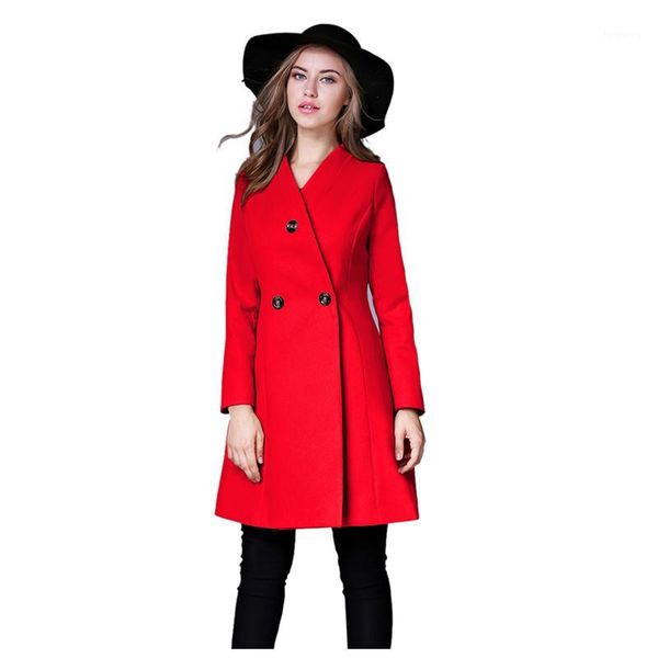 

women's new winter wool coat fashion v neck long tweed office ladies winter coats long sleeve female slim overcoat1, Black