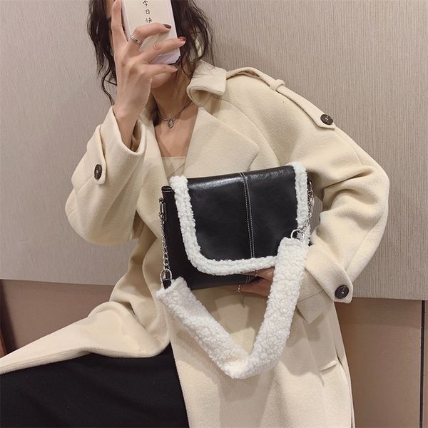 

portable women splicing pu plush messenger bag retro big capacity chain handbags fashion exquisite shopping bag
