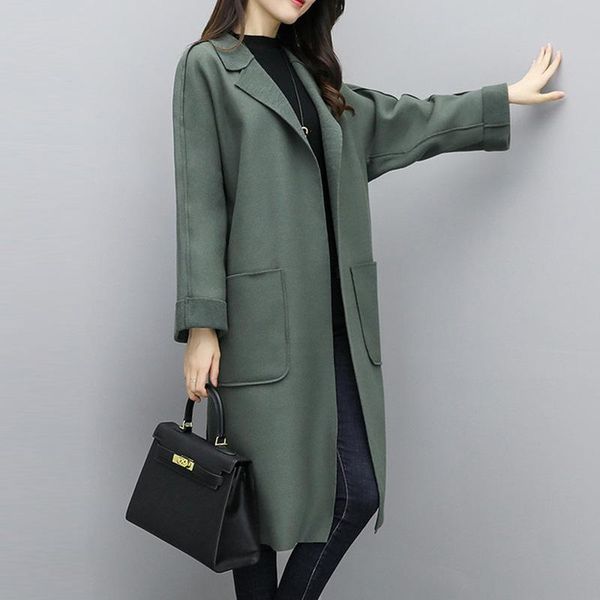 

sweet loose belt long woolen winter coats turn-down collar wool coat and jacket solid pockets ladies coats, Black