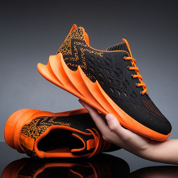 

spring autumn fashion men fly-woven breathable sneakers outdoor jelly casual boys non-slip orange blue running shoes, Black