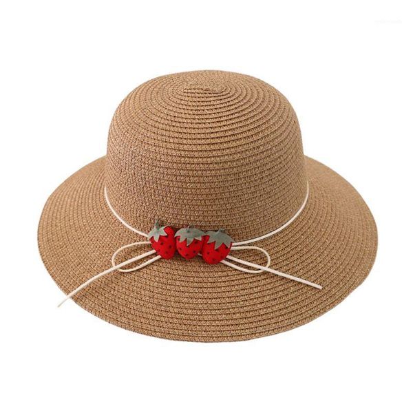 

women woven straw sun hat cute strawberry bowknot wide brim packable beach cap m7dd1, Blue;gray