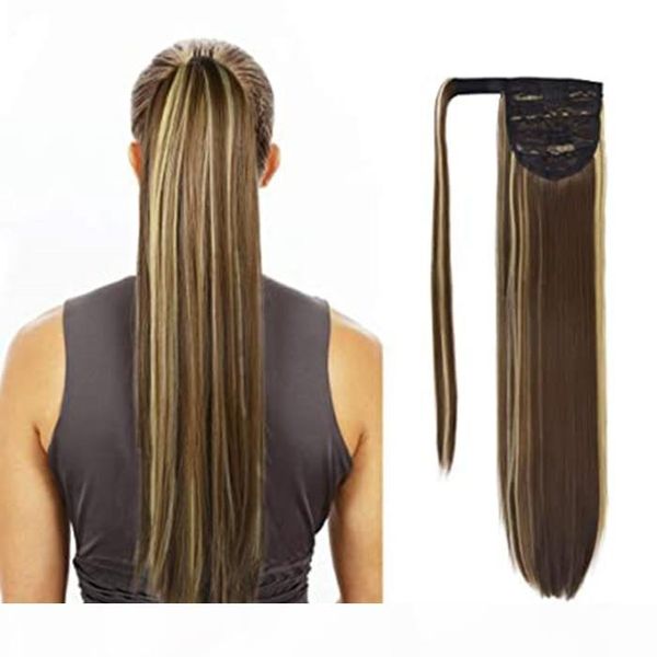 

brown mixed blonde natural highlights clip in ponytail extension ombre wrap around long straight hair hairpiece wraps human hairpiece, Black