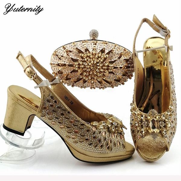 

pu leather women gold shoes and bag set 2020 nigerian party high heels 7cm shoes and purse set large size 38-43, Black