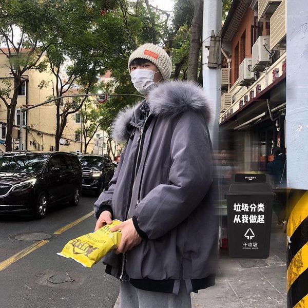 

2020 winter new youth popular korean men's loose large fur collar thicken plus cotton cotton clothes fashion casual, Black