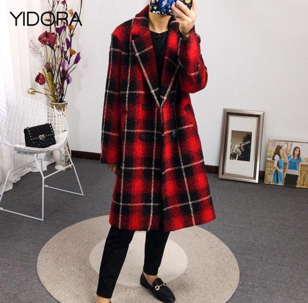 

notched gingham checkered blended wool coat features black & red plaid & contrast striped - fall 2020 women double-breasted coat