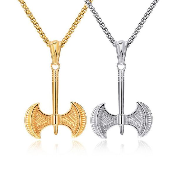 

domineering retro greek double axe necklace for men punk style stainless steel pendant rock hip hop nightclub fashion jewelry, Silver